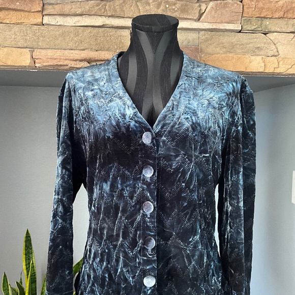 VTG Whimsigoth Stretch Blue Velvet Textured Jacket Art to Wear Bruno Duluc L - Picture 3 of 9